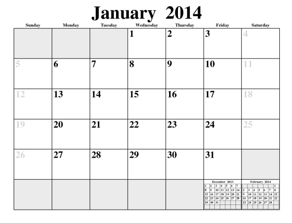 First page of a multi-page calendar, January 2014